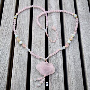 Rose Quartz Peony Necklace - Aquamarine Quartz Beaded